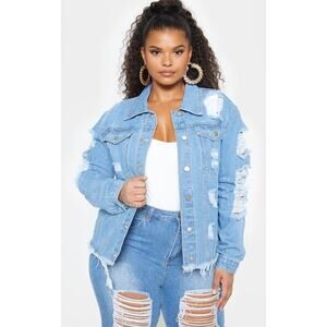 Pretty Little Thing Blue Distressed Destroyed Denim Jean Jacket Women's Size 1X